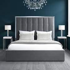 King size bed frames usually have an average dimension of 76 x 80. Aaliyah Grey Velvet King Size Ottoman Bed With Chrome Headboard Trim Furniture123