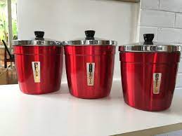 Flour, sugar, tea, rice & coffee. Anodised Red Kitchen Canisters By Waratah Australia Set Of Three Red Kitchen Canisters Kitchen Canisters Red Kitchen