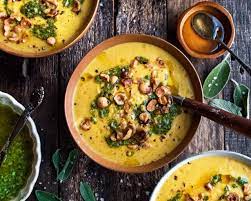Roasted Pumpkin Soup With Hazelnut Sage Pesto The Original Dish Recipe Pumpkin Soup Roast Pumpkin Soup Soup And Salad Combo