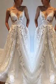 A Line Spaghetti Straps Deep V Neck Ivory With Pockets Tulle Open Back Wedding Dresses Uk Pw110 Wedding Dresses Wedding Dresses Lace Spaghetti Strap Wedding Dress