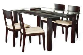Merge formal and contemporary elements with a table featuring rich walnut and cherry surrounding framing and chocolate leather seats. Rectangular Clear Glass Top Modern 5pc Dining Set W Wood Base