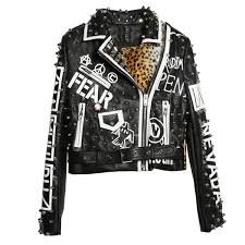 women punk party street letter printing leather jacket black rivet beading long sleeve motorcycle leopard rock coat brown leather jackets suede