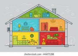 City skyline illustration, blue city silhouette. House Silhouette Rooms Furnishings Flat Style Stock Vector Royalty Free 446071288