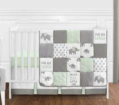 The five piece baby crib bedding set includes one quilt, one fitted 100% cotton crib sheet, one coordinating 16 crib skirt/dust ruffle with metallic gold printing and signature gold binding, a 12 x 12 lovey, and a soft changing pad cover. Sweet Jojo 4p Mint Grey White Watercolor Elephant Safari Baby Crib Bedding Set For Sale Online