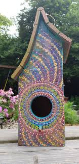 Wooden Birdhouse Asymmetrical Yard Art Colorful Birdhouse Yard Art Functional Art Bird Houses