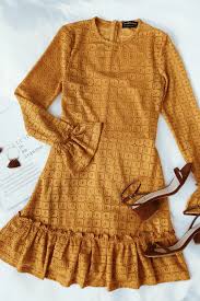 Symbols Mustard Yellow Lace Long Sleeve Dress Fashion Long Sleeve Lace Dress Clothes