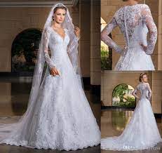 Discount Brazil Retro Long Sleeves A Line Wedding Dresses 2015 Lace V Neck Beaded Pleated Corset Court Train Zipper Buttons Bridal Dress Gowns Pretty Wedding Dr Pretty Wedding Dresses Long Sleeve
