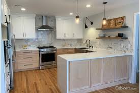 Modern White And Natural Maple Kitchen With Black Hardware Cabinets Com In 2020 Maple Kitchen Free Kitchen Design Kitchen