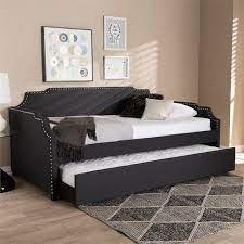 Gray twin size linen upholstered platform bed with headboard and trundle. Baxton Studio Charcoal Upholstered Twin Size Daybed With Trundle Bed 151 21003 9019 Cymx