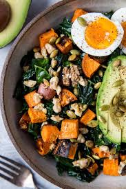 Roasted Sweet Potato Kale Salad With Avocado Jammy Egg Pumpkin Seeds And Walnuts A Fillin Salad With Sweet Potato Roasted Sweet Potatoes Pumpkin Seed Salad