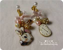 甜心小坊店主手作lolita日系原宿不對稱愛麗絲時鐘兔子蝴蝶結耳環 drop earrings brooch jewelry