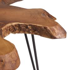 A circular dark marble table top standing on three patina finished brass legs. Wood Slice Coffee Table World Market