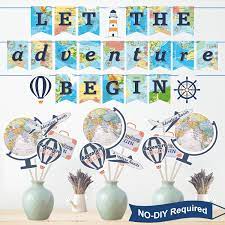 The travel theme doesn't have to wait until the wedding day itself. 47 Pieces Let The Adventure Begin Party Decoration Set Bon Voyage Travel Themed Party Banner And Centerpiece Stickers World Map Photo Booth Props For Retirement Travel Party Decorations Supplies Buy Online In