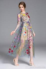 New Full Wrap Embroidery Colorful Flower Sun Long Sleeve Gauze Runway Formal Dress Mesh Maxi Boutique D Embroidered Maxi Dress Embroidery Dress Vintage Dresses
