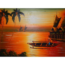 Lukisan Objek Pemandangan Laut Senja Panajang 40 Cm Lebar 30 Cm Bahan Kanfas Cocok Digunakan Sebagai Penghias Dinding An Lukisan Pemandangan Painting