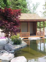 Japanese Tea House And Garden Around Koi Pond Japanese Tea House Japanese Garden Backyard Japanese Style House