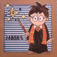 Verjaardagskaart Voor Harry Potter Fan Zelfgetekende Harry Potter Ingekleurd Met Aquarel Krijt Geplakt Op Designpapier Op Een Craftkaart