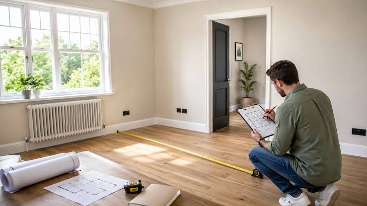 Empty room with a measuring tape and floor plan before a house move