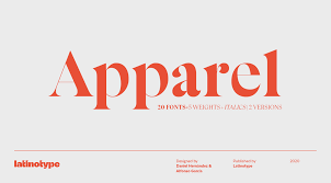 Clothes of a particular type when they are being sold in a shop: Apparel Font Family By Latinotype