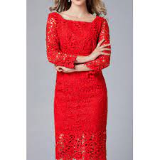 Limited time sale easy return. Ketty More Women Charming Square Collar Red Color Floral Lace Pattern Dress