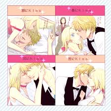 fujiko p, heiwajima shizuo, tanaka tom, vorona, durarara!!, bad id, bad  pixiv id, translation request, 1girl, 2boys, blonde hair, blue eyes, bow,  bowtie, couple, hetero, kiss, kiss chart, multiple boys, multiple drawing
