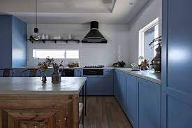 White or beige countertops and kitchen backsplash are a great option for cherry cabinets. 75 Beautiful Blue Kitchen With Gray Countertops Pictures Ideas July 2021 Houzz