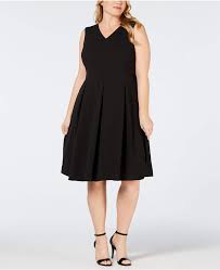 Calvin Klein Plus Size Illusion Back Fit Flare Dress Women Dresses Classy Plus Size Dresses Black Flare Dress