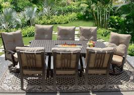 Round patio fire pit with table space. 9 Pc Cast Aluminum Barbados Cushion Outdoor Patio Dining Set For 8 Person Atlas Patio Dining Set Outdoor Furnishings Outdoor Furniture
