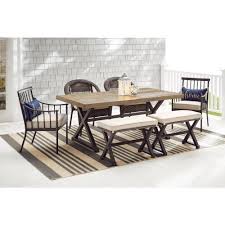 Stylewell Mix And Match 72 In Rectangular Metal Outdoor Dining Table With Farmhouse Trestle Base And Tile Tabletop 3038 Dt7 The Home Depot Patio Dining Table Outdoor Dining Spaces Outdoor Dining Table