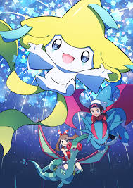 pon yui, brendan (pokemon), flygon, jirachi, may (pokemon), salamence,  creatures (company), game freak, nintendo, pokemon, pokemon oras,  absurdres, highres, bare shoulders, bike shorts, black shorts, blue skin,  brown hair, camisole, colored skin,