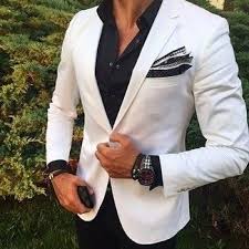 Men S White Blazer Black Dress Shirt Black Dress Pants Black Polka Dot Pocket Square Mens Outfits Mens Fashion Suit Fashion