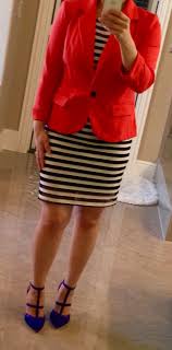 Black And White Striped Heels Outfit Blue Heels Steve Madden Black And White Striped Dress And A Red Blazer Blue Heels Outfit Heels Outfits Blue Heels