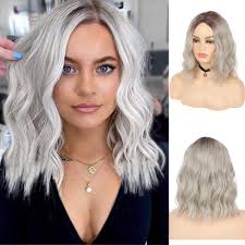 Baruisi Silver Grey Ombre Bob Wig Short Wavy Side Part Synthetic Heat  Resistant Halloween Cosplay Wigs for Women