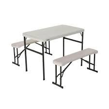 Lifetime 3 Piece Almond Fold In Half Folding Picnic Table Bench Set 80373 The Home Depot Table And Bench Set Picnic Table Bench Folding Picnic Table