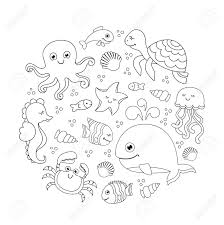 How to draw aquarium animals (dover how to draw)|barbara soloff levy, ordeal by providence|rainulf stelzmann, modern german music. Ocean Set With Cute Sea Animals Under The Sea Round Pattern Linear Drawing Royalty Free Cliparts Vectors And Stock Illustration Image 95816550