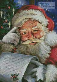 Santa checking his list, with a scottie dog and deer for company. Checking His List Christmas Paintings Christmas Scenes Christmas Art
