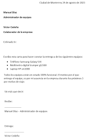 No entra en especificaciones técnicas ni requerimientos legales propios de otros tipos como pueden ser las orientadas a trámites relacionados con vehículos y otro tipo de propiedades. Carta O Acta De Entrega De Equipos Modelo Y Como Hacerla