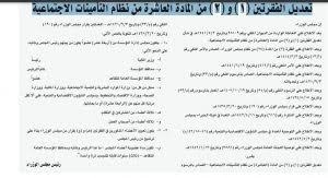 تساءل متخصصون عن آلية شمول نظام التأمينات الاجتماعية جميع العاملين في الوزارات والأجهزة الحكومية الذين لا يخضعون إلى التقاعد المدني بمن فيهم العاملون في الوظائف المؤقتة والعقود مهما كانت مدة خدمتهم عن آلية احتساب سنوات الخدمة القديمة؟ Ø§Ù„Ù…ÙˆØ§ÙÙ‚Ø© Ø¹Ù„Ù‰ ØªØ¹Ø¯ÙŠÙ„ ÙÙ‚Ø±ØªÙŠÙ† Ù…Ù† Ù†Ø¸Ø§Ù… Ø§Ù„ØªØ£Ù…ÙŠÙ†Ø§Øª Ø§Ù„Ø§Ø¬ØªÙ…Ø§Ø¹ÙŠØ© ØµØ­ÙŠÙØ© Ù…Ø§Ù„