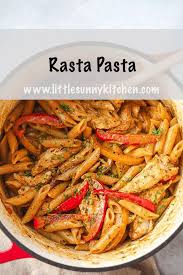 Rasta Pasta Is Creamy Pasta Tossed With Caribbean Style Jerk Chicken And Sauteed Bell Peppers This Dish Is Rasta Pasta Recipe Jerk Chicken Pasta Creamy Pasta