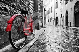 Black And White Bike Color Retro Vintage Red Bike On Cobblestone Street In The Old Town Color In Black And White Photo Canvas Art Photo Canvas Red Bike