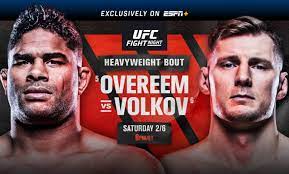 Jun 12, 2021 · the early prelims will be shown on ufc's fight pass and in the us, all prelim bouts will be simulcast on abc and espn+. Ufc Fight Night Overeem Vs Volkov February 6 Exclusively On Espn Espn Press Room U S