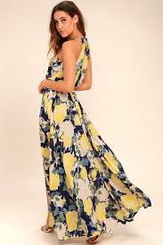 Precious Memories Navy Blue And Yellow Floral Print Maxi Dress Yellow Maxi Dress Yellow Floral Skirt Maxi Dress