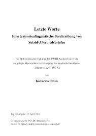 Abschiedsbriefhinterlasser werden mit suizidopfern, die keinen abschiedsbrief hinterlassen bezüglich der faktoren geschlecht, alter, familienstand, beruf, psychiatrische behandlung, motiv und. Https Publications Rwth Aachen De Record 731011 Files 731011 Pdf