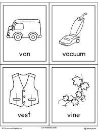 In v and words with v. Letter V Words And Pictures Printable Cards Van Vacuum Vest Vine Myteachingstation Com