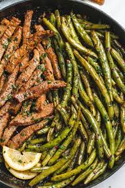Garlic Butter Steak And Lemon Green Beans Skillet Recipe Steak And Green Beans Healthy Recipes Seared Salmon Recipes