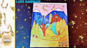 draw mountain landscape in autumn رسم كوخ صغير وسط الغابة مع الوادي