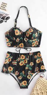 Floral Ruffle Lace Up Moulded Tankini Set Black Tankini Swimsuits For Women Tankini Set Swimwear