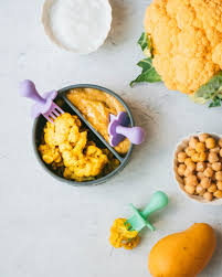 Baby Led Weaning Recipe Curried Chickpea Cauliflower And Mango Chia Lassi White Blank Space