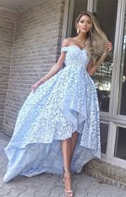 Elegant Off Shoulder Lace Prom Dresses Front Short Long Back Pretty Dresses For Teens Blue Lace Prom Dress Prom Dresses For Teens
