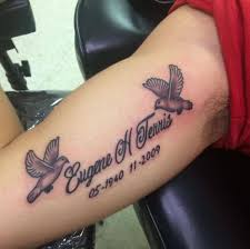 Word tattoo on forearm in memory of someone, with stars and r.i.p message. 110 Best Memorial Tattoos Designs 2021 Rip Grandparents Friends Parents